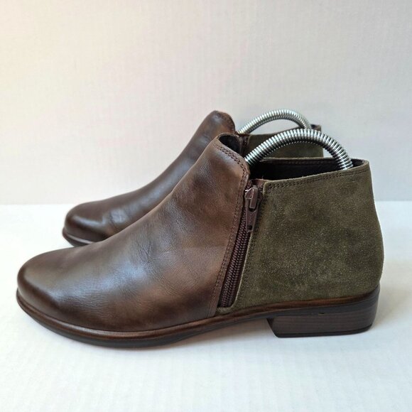 Naot Shoes Womens 40 / 9 Helm Brown Leather Olive Suede Ankle Boots Boho Preppy - Picture 1 of 13